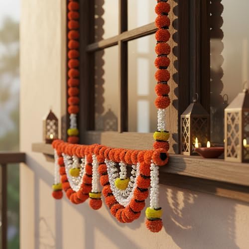 Store Indya Decorative Artificial Marigold and Pearl Toran, Traditional Orange Flower Door Hanging