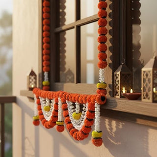 Store Indya Decorative Artificial Marigold and Pearl Toran, Traditional Orange Flower Door Hanging