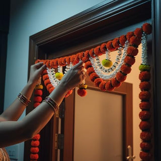 Store Indya Decorative Artificial Marigold and Pearl Toran, Traditional Orange Flower Door Hanging