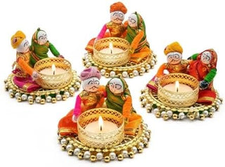 Store Indya Traditional Tea Light Candle Holders, Orange and White, Set of 4, Metallic Finish, Indoor Decor (Design 2)