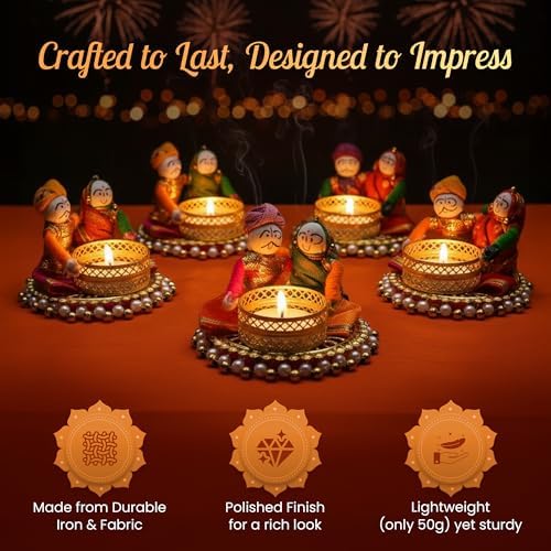 Store Indya Traditional Tea Light Candle Holders, Orange and White, Set of 4, Metallic Finish, Indoor Decor (Design 2)