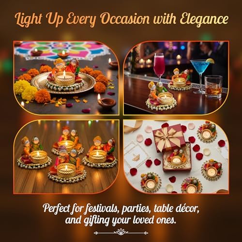 Store Indya Traditional Tea Light Candle Holders, Orange and White, Set of 4, Metallic Finish, Indoor Decor (Design 2)