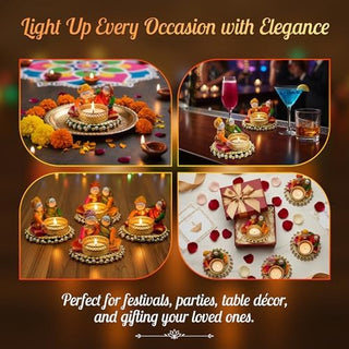 Store Indya Traditional Tea Light Candle Holders, Orange and White, Set of 4, Metallic Finish, Indoor Decor (Design 2)