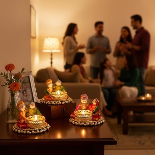 Store Indya Traditional Tea Light Candle Holders, Orange and White, Set of 4, Metallic Finish, Indoor Decor (Design 2)