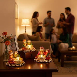 Store Indya Traditional Tea Light Candle Holders, Orange and White, Set of 4, Metallic Finish, Indoor Decor (Design 2)