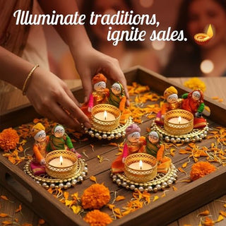 Store Indya Traditional Tea Light Candle Holders, Orange and White, Set of 4, Metallic Finish, Indoor Decor (Design 2)