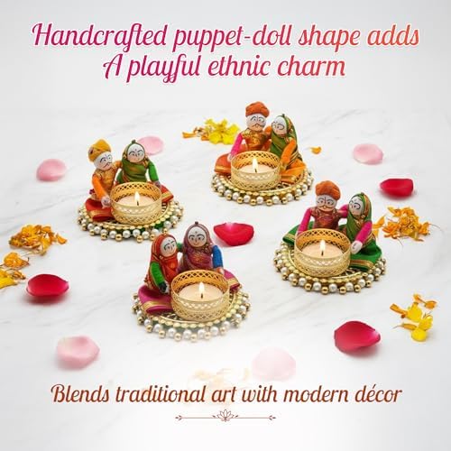 Store Indya Traditional Tea Light Candle Holders, Orange and White, Set of 4, Metallic Finish, Indoor Decor (Design 2)