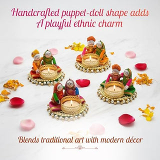 Store Indya Traditional Tea Light Candle Holders, Orange and White, Set of 4, Metallic Finish, Indoor Decor (Design 2)