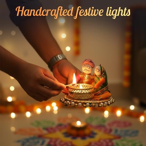 Store Indya Traditional Tea Light Candle Holders, Orange and White, Set of 4, Metallic Finish, Indoor Decor (Design 2)