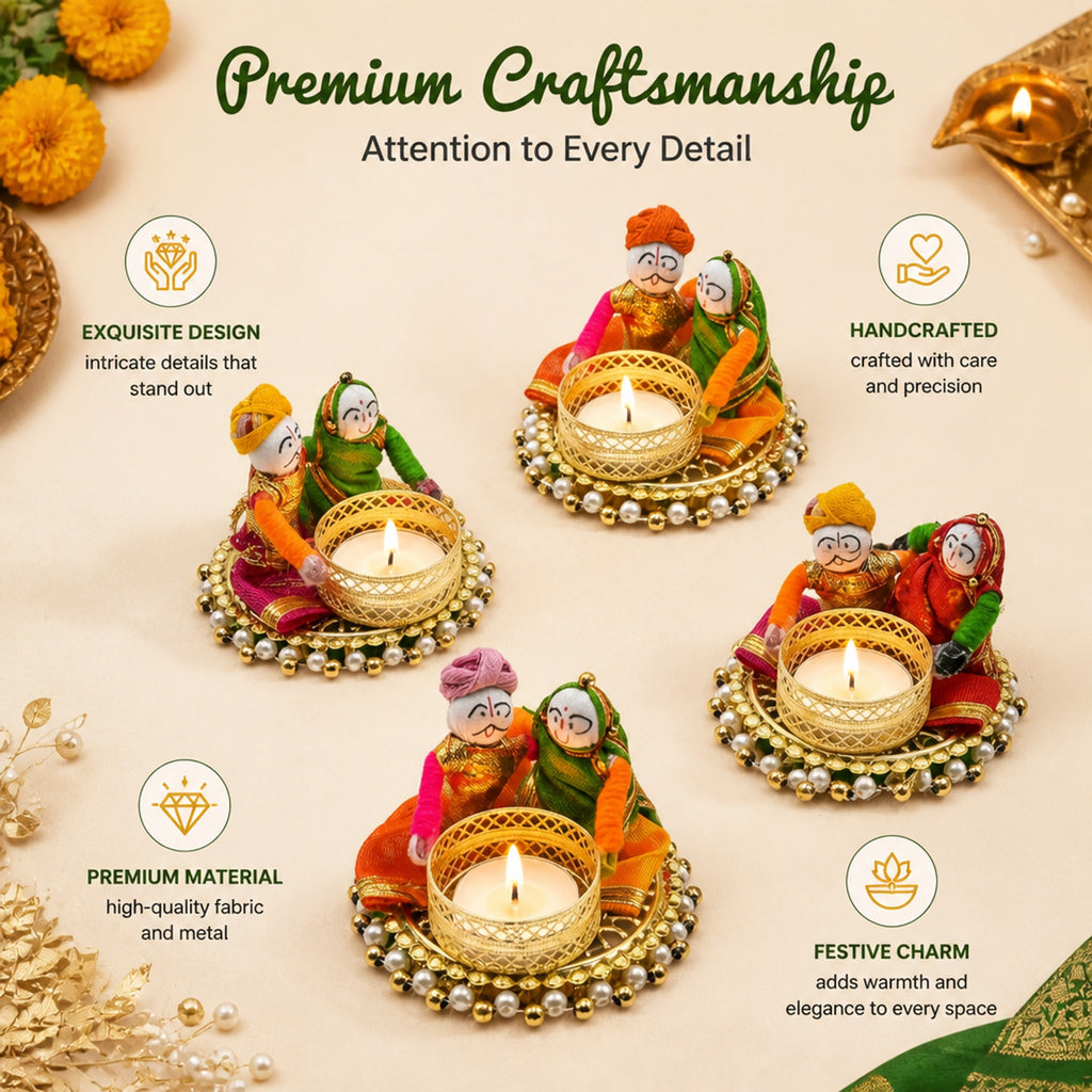 Store Indya Traditional Tea Light Candle Holders, Orange and White, Set of 4, Metallic Finish, Indoor Decor (Design 2)