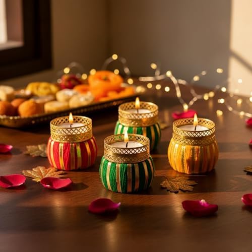 Store Indya Traditional Tea Light Candle Holders – Pack of 4 Decorative Diyas | Handcrafted Home Decor for Diwali, Weddings & Puja (Assorted)
