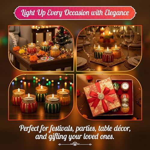 Store Indya Traditional Tea Light Candle Holders – Pack of 4 Decorative Diyas | Handcrafted Home Decor for Diwali, Weddings & Puja (Assorted)