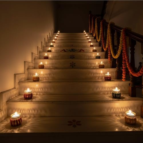 Store Indya Traditional Tea Light Candle Holders – Pack of 4 Decorative Diyas | Handcrafted Home Decor for Diwali, Weddings & Puja (Assorted)