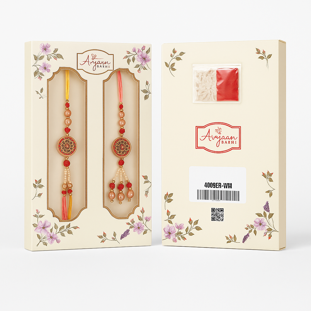 Premium Designer Peach Rakhi Set of 2 with Roli Chawal for Bhaiya Bhabhi – Traditional Lumba Set, Thread Rakhi with Stones – Ideal Raksha Bandhan Gift