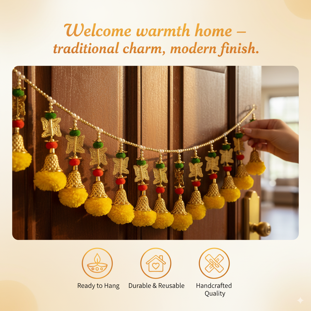 STORE INDYA Artificial Marigold Garland with Swastik, Yellow 36 Inch Traditional Toran for Door and Wall Decoration