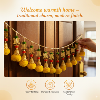 STORE INDYA Artificial Marigold Garland with Swastik, Yellow 36 Inch Traditional Toran for Door and Wall Decoration