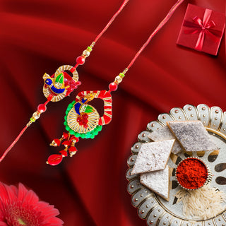 Premium Designer Red Cloth Peacock Design Rakhi Set of 2 with Roli Chawal for Bhaiya Bhabhi – Traditional Lumba Set, Thread Rakhi with Stones – Ideal Raksha Bandhan Gift
