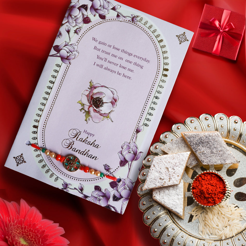Premium Rakhi with Greeting Card and Roli-Chawal Gift Pack for Brother, Bhai | Raksha Bandhan Traditional Rakhi Bracelet for Men, Rakhdi, Rakhree