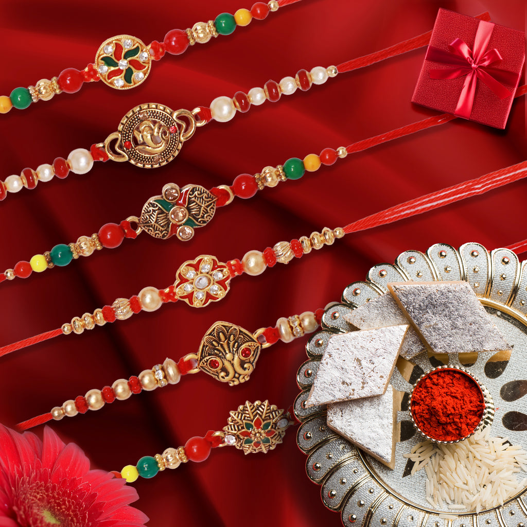 Rakhi Set of 6 for Brother, Bhai, Designer Multicolored Assorted Rakhi Bracelet Set for Raksha Bandhan