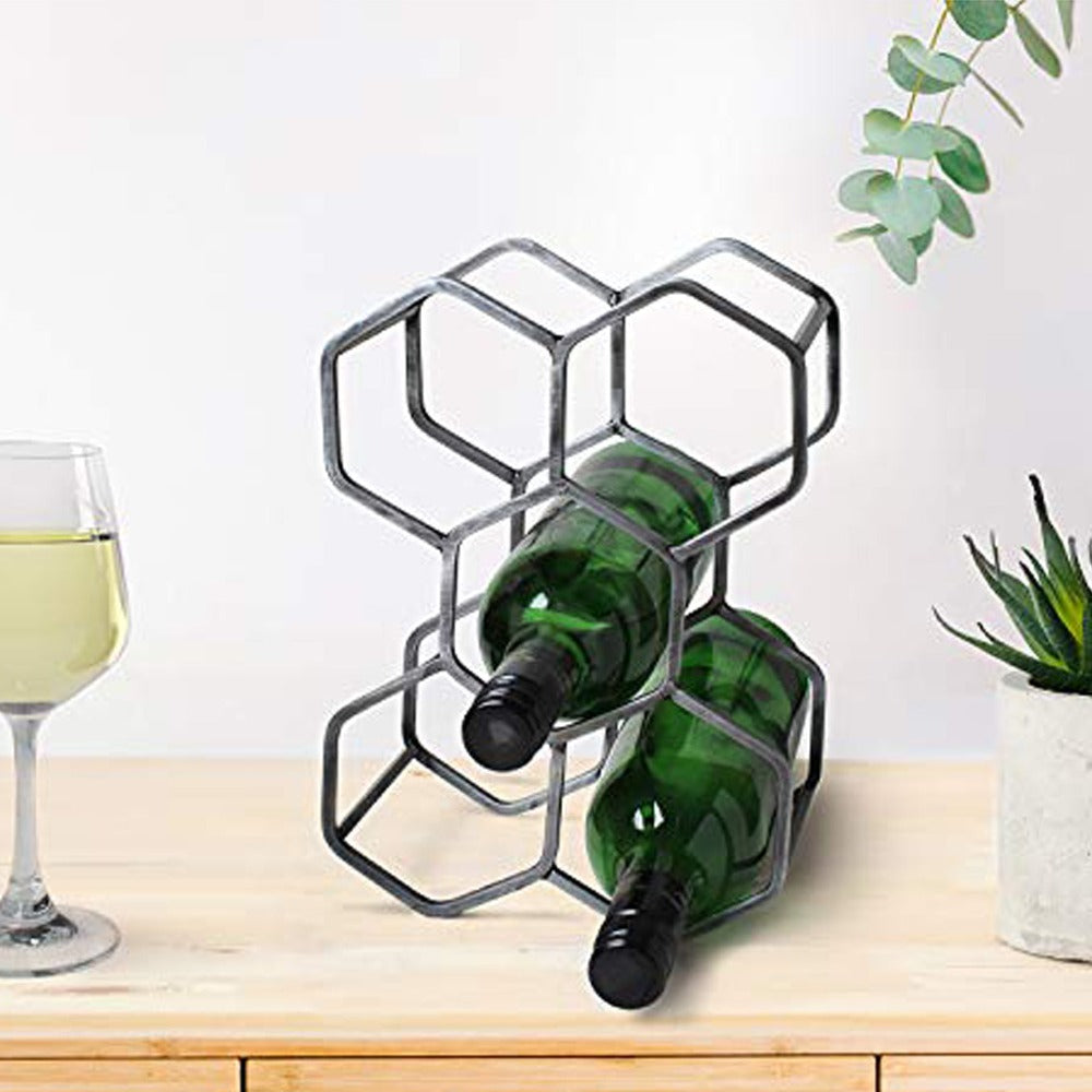 Handmade Wrought Iron Wine Rack Countertop Bottle Holder Stand (Silver Collection)