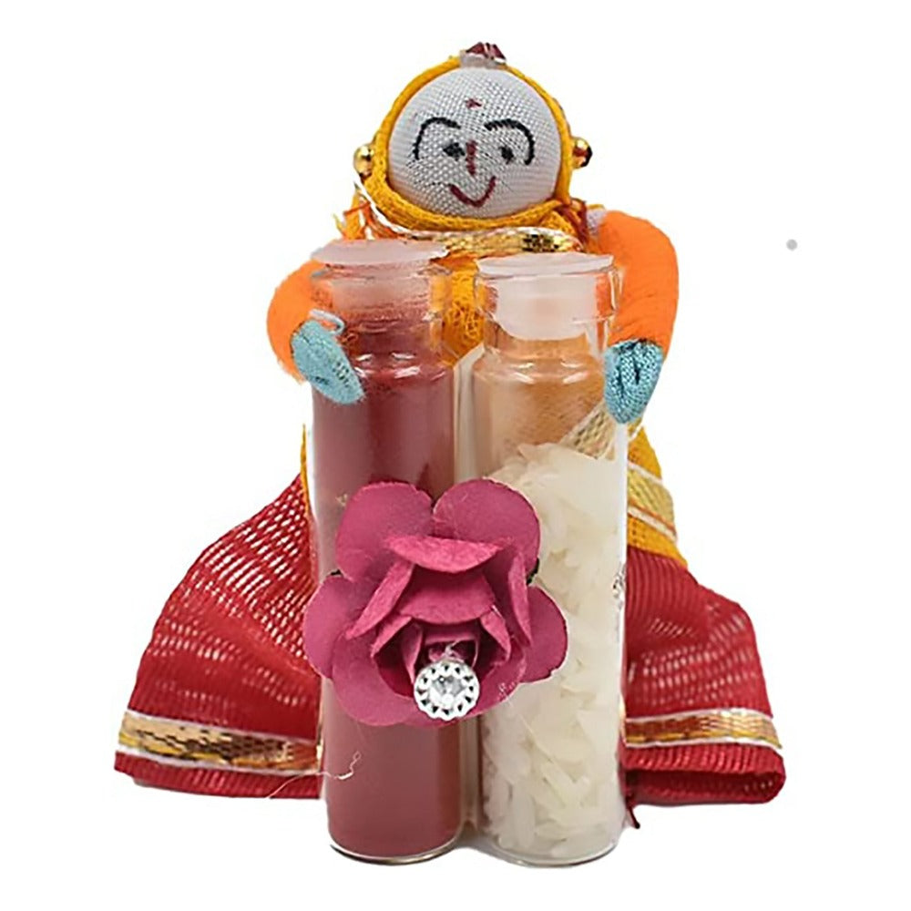 Set of 2 Raksha Bandhan Combo Pack-Krishna Rakhi with Greeting Card & Roli Chawal-Krishna Face Design