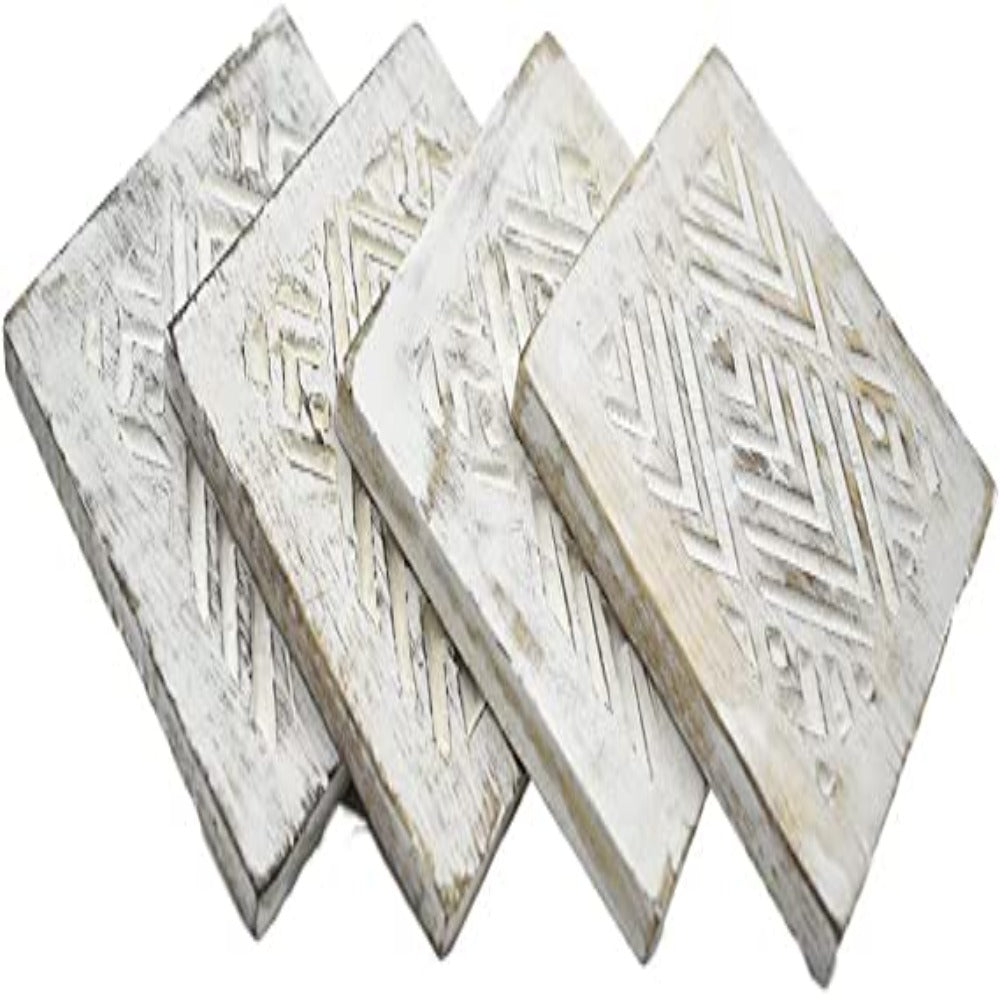 Set of 4 Geometrically Carved Whitewashed Wooden Coasters with Holder - Perfect for Any Size Drinkware