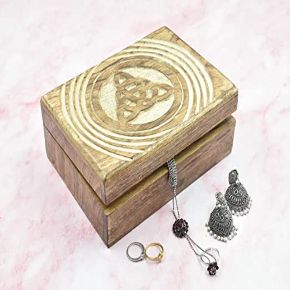 Wooden Hand Carved Decorative Box with Pentagram Carving | Jewelry & Keepsake Organizer | Gifts for Women |
