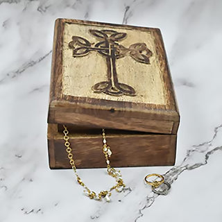Handmade Wooden Jewelry Keepsake Trinket Storage Box Organizer Holder with Cross Carvings for Women & Girls