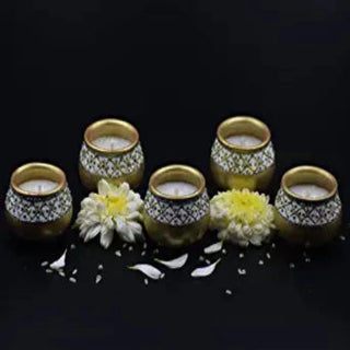 Set of 5 Handmade Matki Diyas with Tray, Tealight Holder and Greeting Card for Diwali Decoration and Gifts(Golden)