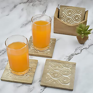 Set of 4 Wooden Square Coasters with Holder for Tea Coffee Beer Wine Glass Drinks-5026