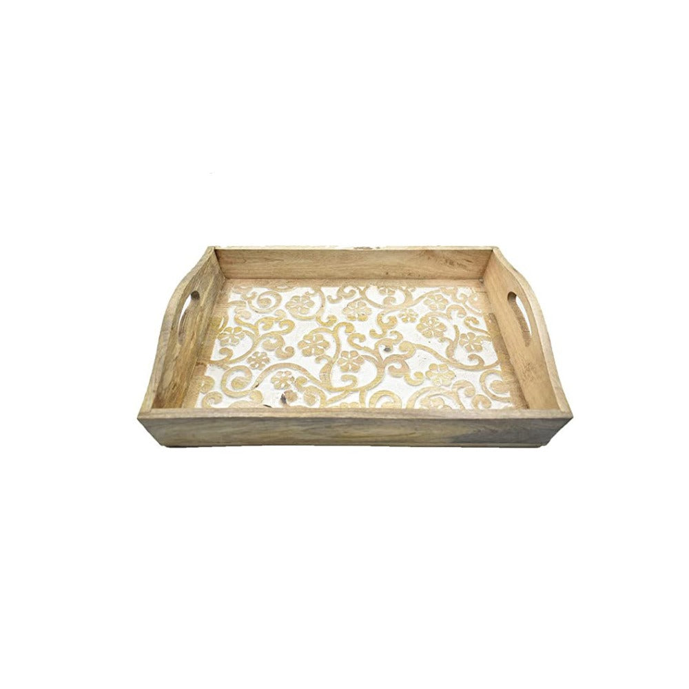 Hand Carved Wooden Breakfast Serving Tray with Handle | Kitchen Dining Serve-Ware Accessories | 15x10 | 2048