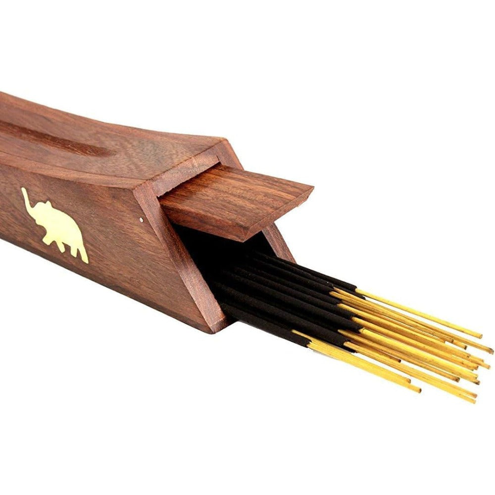 Handmade Organic Wood Incense Burner Holder with Storage Box-12x2x2.5
