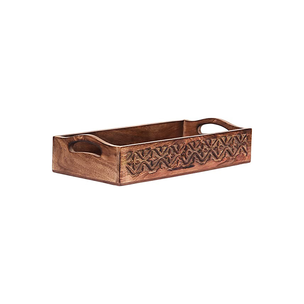 Rustic Wooden Serving Tray with Hand Carved Floral Design (14 x 10)