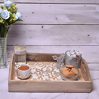 Hand Carved Wooden Breakfast Serving Tray with Handle | Kitchen Dining Serve-Ware Accessories | 15x10 | 2048
