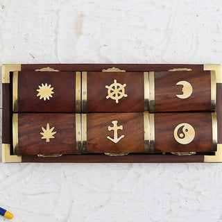 Hand Carved Wooden Pill Boxes Dispensers w/ Tray & Brass Inlay-(Set of 6)-(Metallic Rosewood Collection)