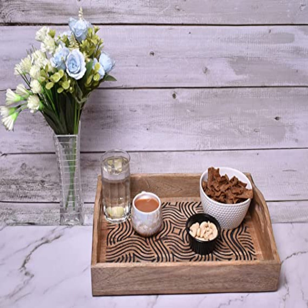 Hand-Carved Wooden Breakfast Serving Tray with Handle-Dining Serve-Ware Accessories - 15 x 10 Inches