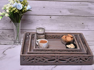 Set of 3 Vintage Rustic Wooden Serving Trays with Handle - Nesting Multipurpose Trays