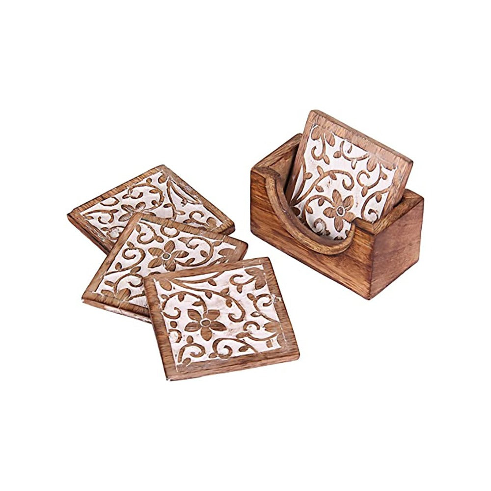 Set of 6 Handmade White Distressed Wooden Coasters with Holder Stand for Tea Coffee Table Home Décor