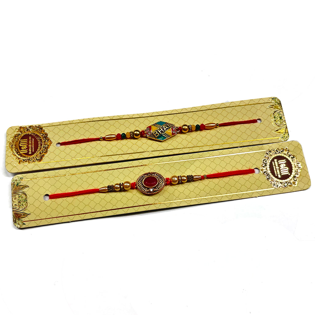 Store Indya Set of Two Rakhi for Brother | 2.0 Inches Cotton Rakhis for Brother | Multi Color Amber Gem and Bhai Letter Engraved Raksha Bandhan Rakhi Set