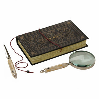storeindya Magnifying Glass for Reading - Handheld Magnifier with Letter Opener Set, Vintage Mango Wood & Mother of Pearl, Bo