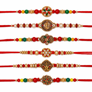 Rakhi Set of 6 for Brother, Bhai, Designer Multicolored Assorted Rakhi Bracelet Set for Raksha Bandhan
