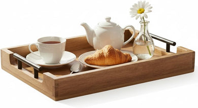 STORE INDYA Mango Wood Serving Tray with Metal Handles – Rustic Coffee Table & Ottoman Tray for Living Room, Kitchen, Breakfast in Bed, and Gatherings