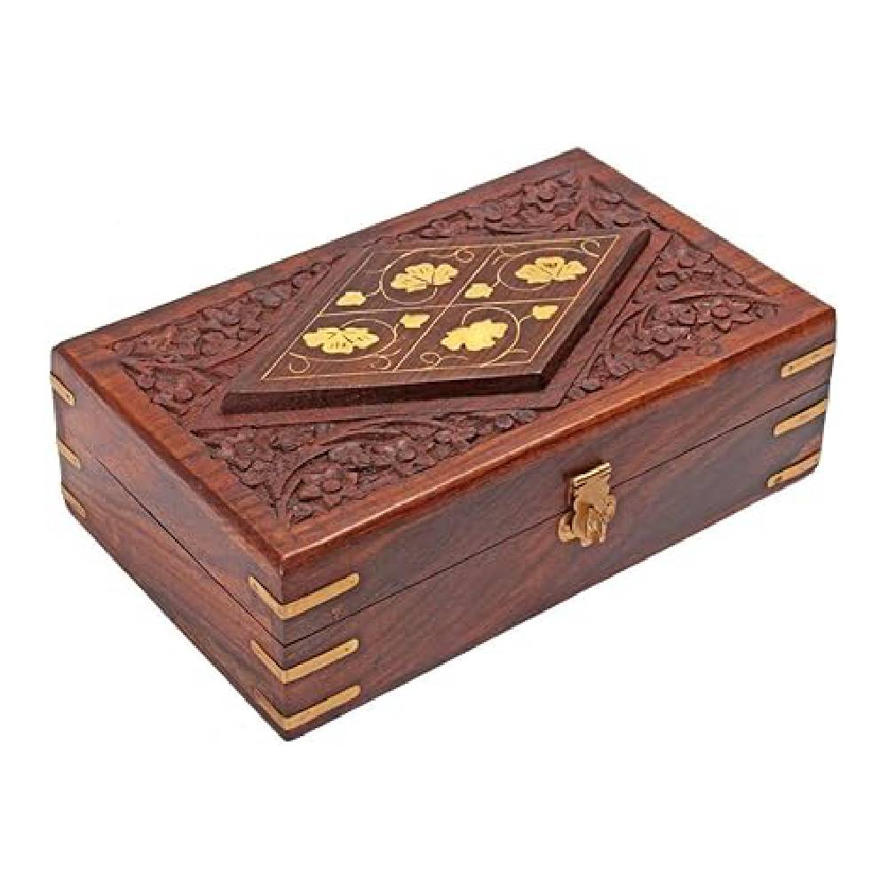 Hand Carved Wooden Jewelry Trinket Holder-Decorative Keepsake Storage Box with Brass Inlay