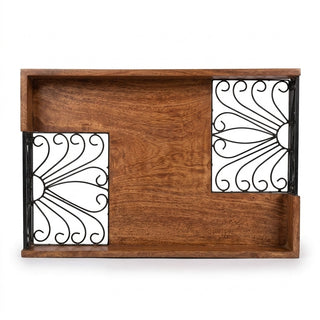 STORE INDYA Decorative Wood Serving Tray with Handles - Floral Metal Cutout Design Coffee Table Tray for Kitchen, Dining & Ho