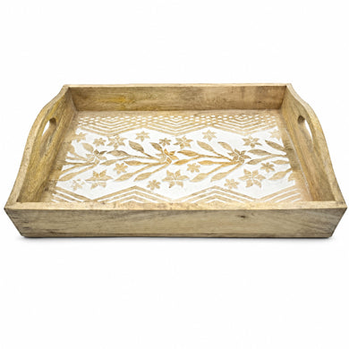 Store Indya Hand-Carved Wooden Serving Tray with Handles | Breakfast Tray for Tea, Snacks & Dessert | Kitchen Serveware | 15x