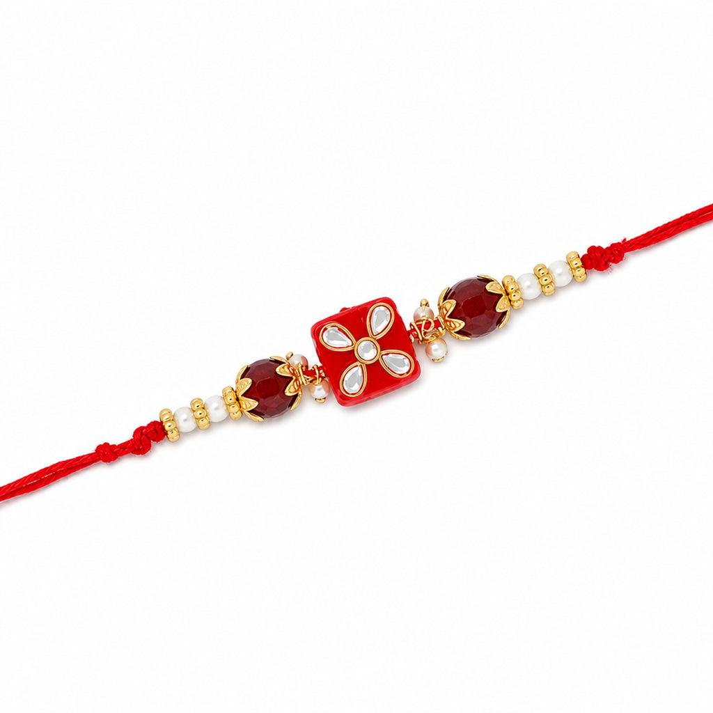 Shalinindia Designer Kundan Stone Rakhi for Brother – Traditional Raksha Bandhan Rakhi Bracelet | Rakhi Gift for Bhaiya | Red