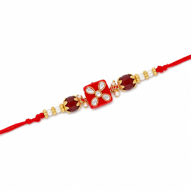 Shalinindia Designer Kundan Stone Rakhi for Brother – Traditional Raksha Bandhan Rakhi Bracelet | Rakhi Gift for Bhaiya | Red Kundan Rakhi Thread