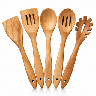 Shalinindia Wooden Cooking Utensil Set with Spoons, Acacia, Brown, 5 Piece