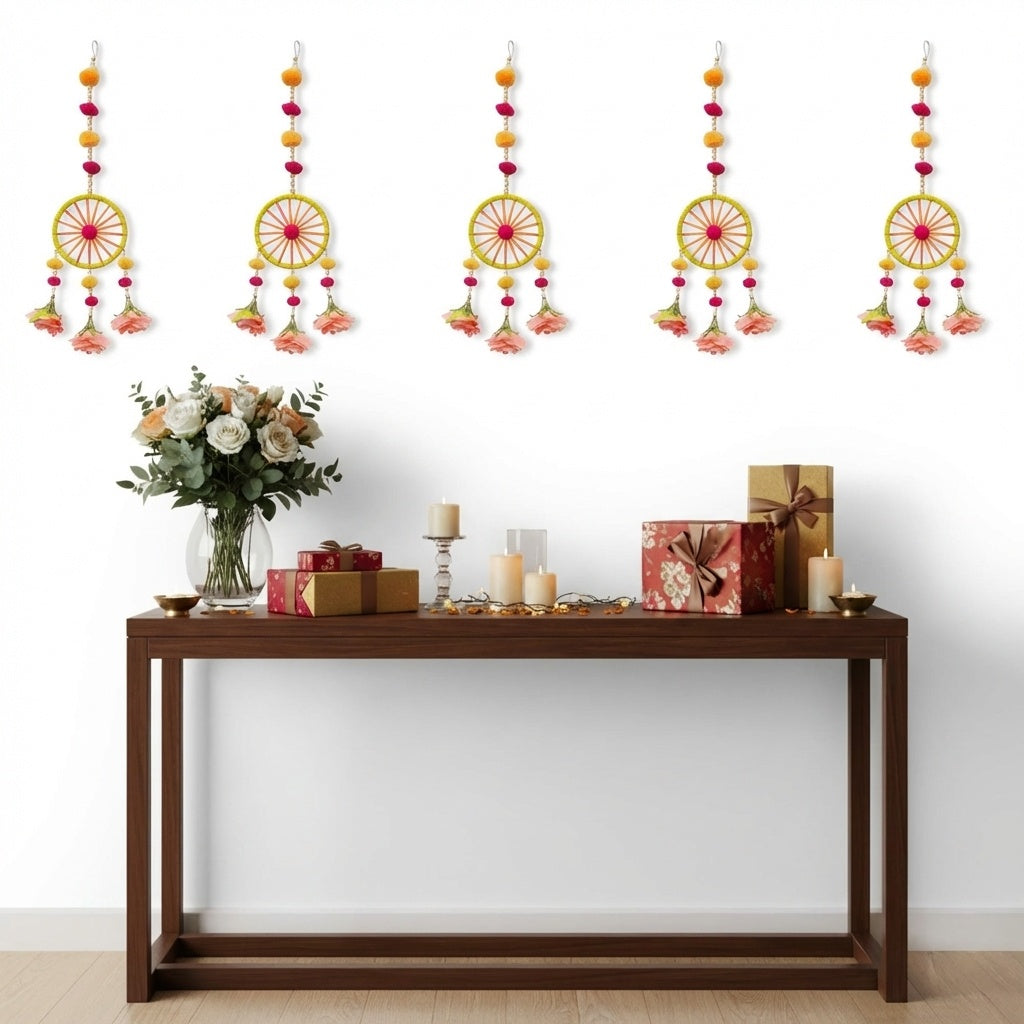 STORE INDYA Traditional Wall Hangings Set of 5, With Peach color Flowers