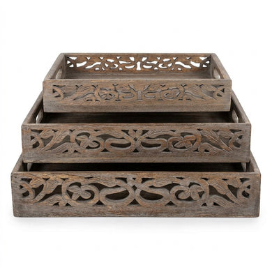 Vintage Rustic Wooden Serving Trays with Handle - Set of 3